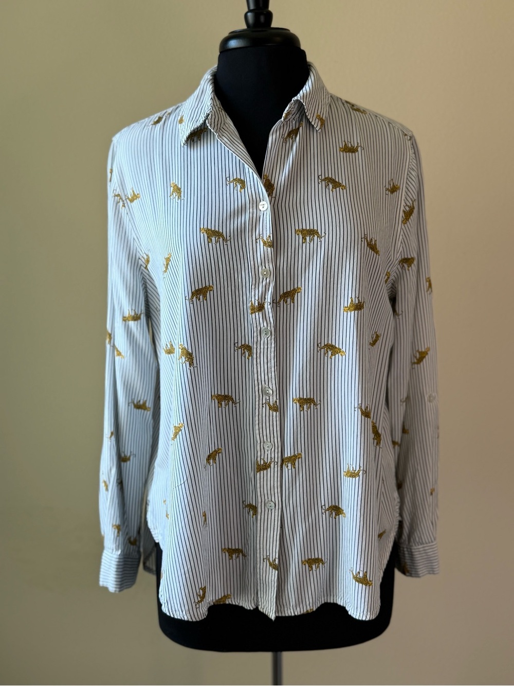 JANE + DELANCEY Striped Button-Down Shirt with Leopards Size XL White Black - Picture 15 of 15